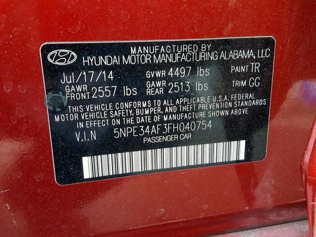 5NPE34AF3FH040754 - 2015 HYUNDAI SONATA SPO RED photo 10