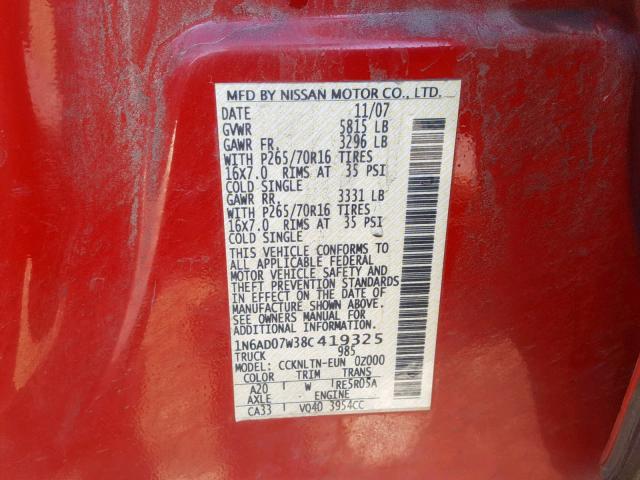 1N6AD07W38C419325 - 2008 NISSAN FRONTIER C RED photo 10