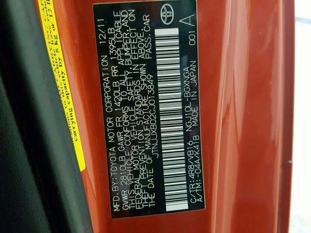 JTNJJXB02CJ013849 - 2012 TOYOTA SCION IQ ORANGE photo 10