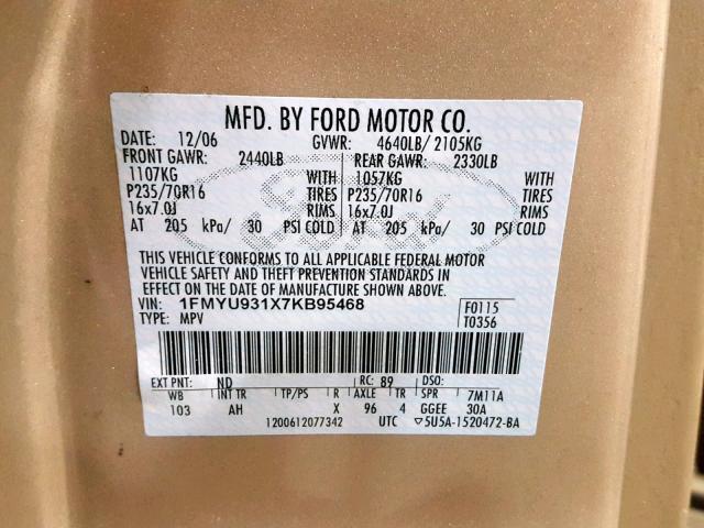 1FMYU931X7KB95468 - 2007 FORD ESCAPE XLT TAN photo 10