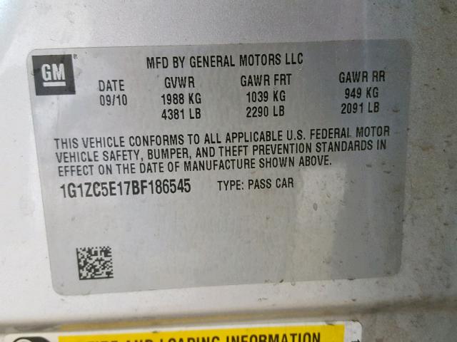 1G1ZC5E17BF186545 - 2011 CHEVROLET MALIBU 1LT 银色 照片 10