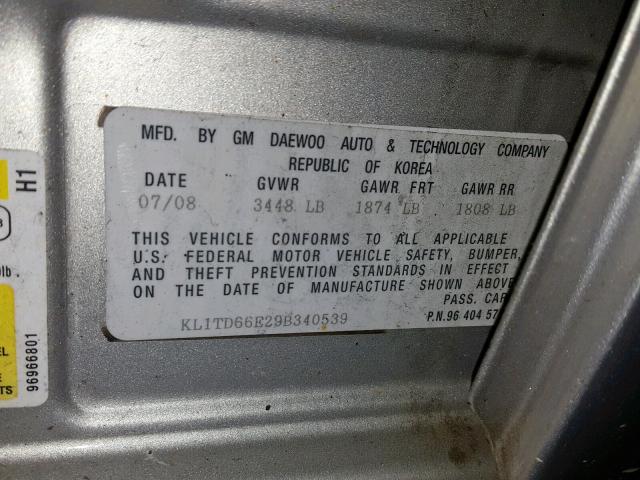 KL1TD66E29B340539 - 2009 CHEVROLET AVEO LS SILVER photo 10