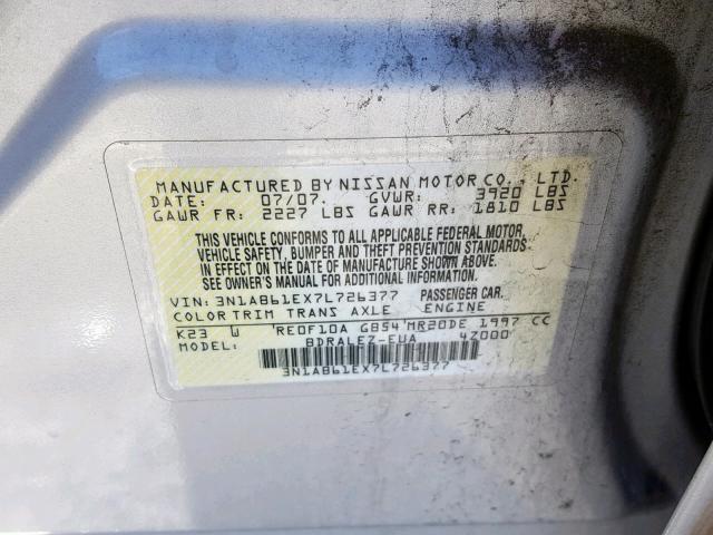 3N1AB61EX7L726377 - 2007 NISSAN SENTRA 2.0 SILVER photo 10