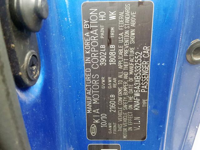 KNAFW6A3XB5332552 - 2011 KIA FORTE SX BLUE photo 10