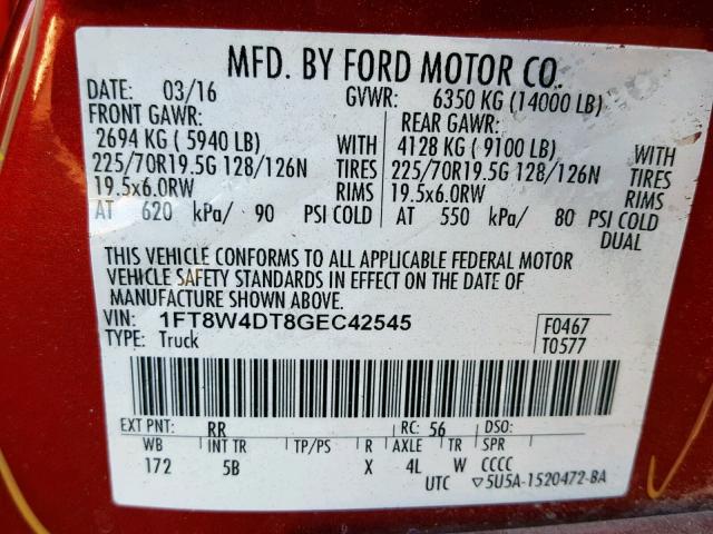 1FT8W4DT8GEC42545 - 2016 FORD F450 RED photo 10