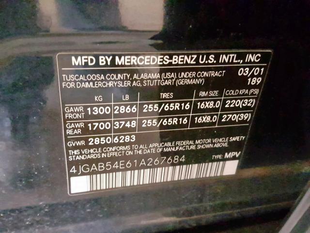 4JGAB54E61A267684 - 2001 MERCEDES-BENZ ML 320 BLUE photo 10