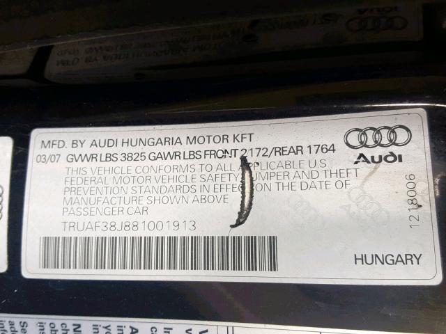 TRUAF38J881001913 - 2008 AUDI TT 2.0T BLACK photo 10