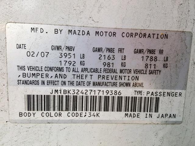 JM1BK324271719386 - 2007 MAZDA 3 S WHITE photo 10