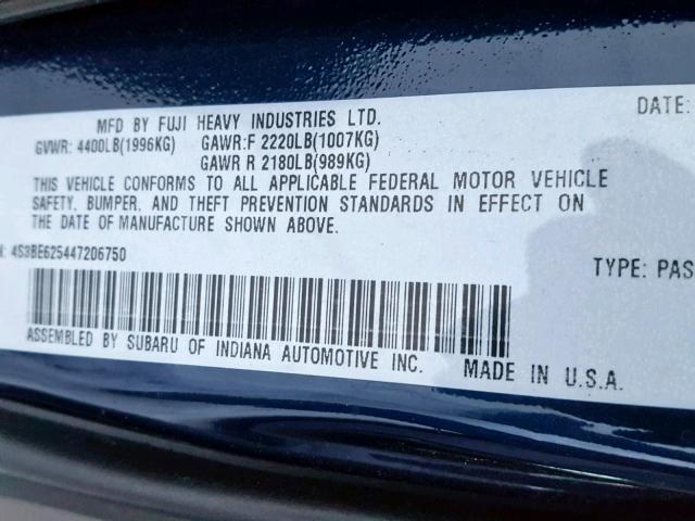 4S3BE625447206750 - 2004 SUBARU LEGACY L S BLUE photo 10