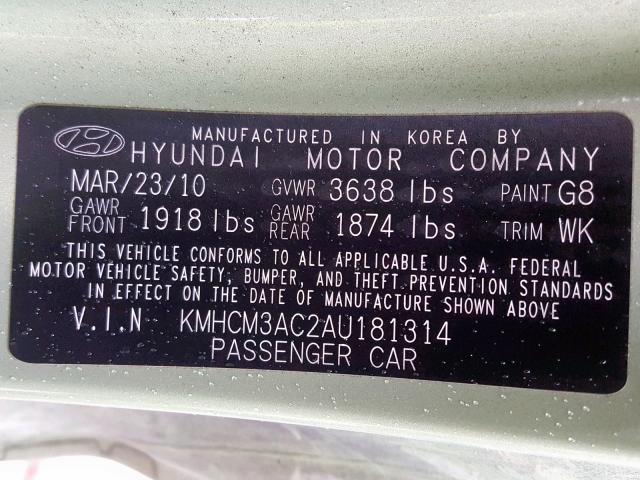 KMHCM3AC2AU181314 - 2010 HYUNDAI ACCENT BLU GREEN photo 10