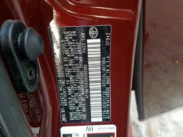 4T1BK1EB3HU260380 - 2017 TOYOTA AVALON XLE MAROON photo 10