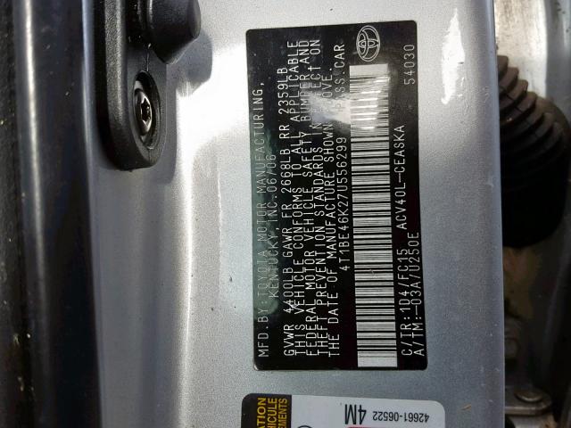 4T1BE46K27U556299 - 2007 TOYOTA CAMRY SILVER photo 10