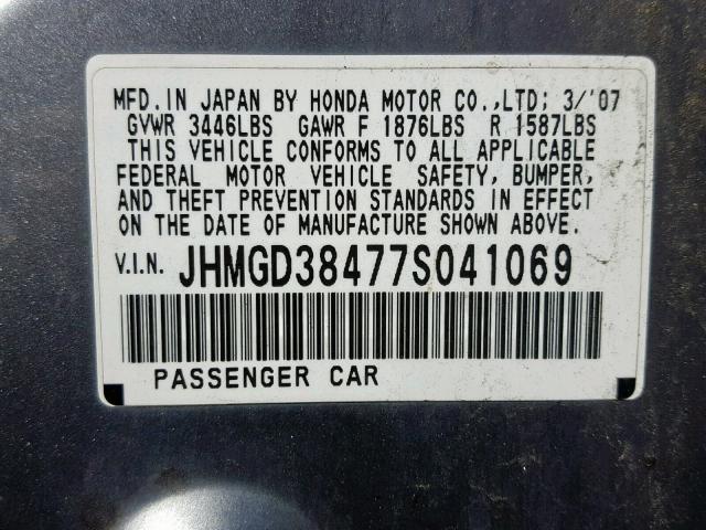 JHMGD38477S041069 - 2007 HONDA FIT SILVER photo 10