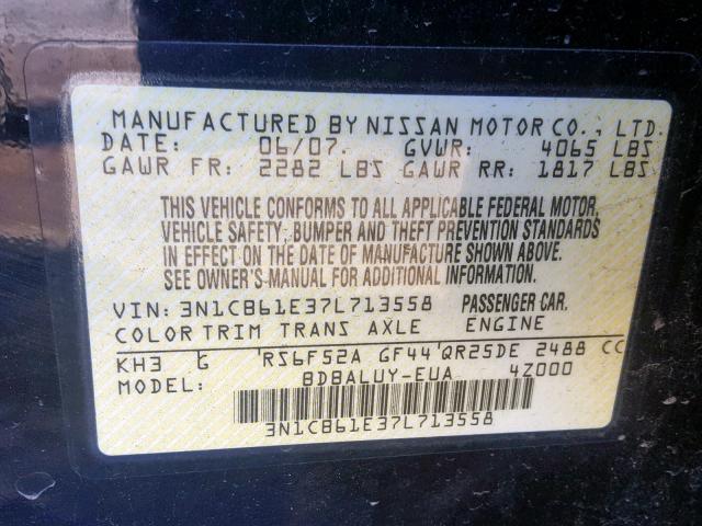 3N1CB61E37L713558 - 2007 NISSAN SENTRA SE- BLACK photo 10