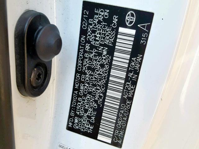 JTKJF5C79C3038752 - 2012 TOYOTA SCION TC WHITE photo 10