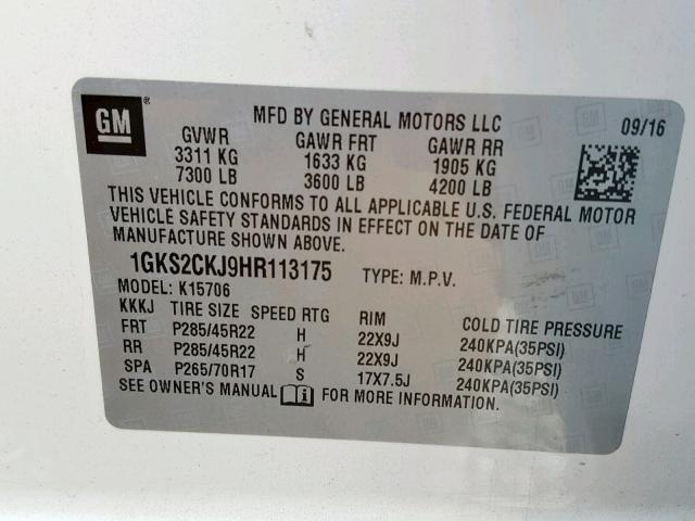 1GKS2CKJ9HR113175 - 2017 GMC YUKON DENA WHITE photo 10