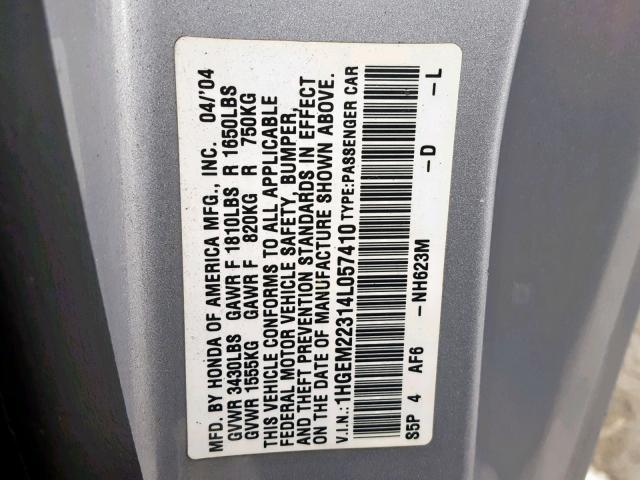 1HGEM22314L057410 - 2004 HONDA CIVIC DX V SILVER photo 10