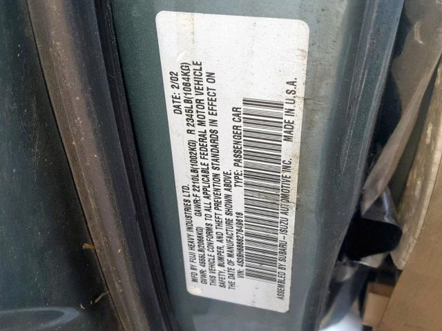 4S3BH686627649616 - 2002 SUBARU LEGACY OUT GRAY photo 10