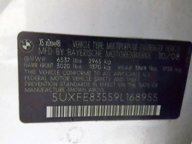 5UXFE83559L168955 - 2009 BMW X5 XDRIVE4 SILVER photo 10