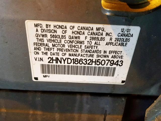 2HNYD18632H507943 - 2002 ACURA MDX TOURIN GRAY photo 10