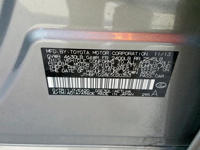 JTHBF1D28E5020353 - 2014 LEXUS IS 250 SILVER photo 10