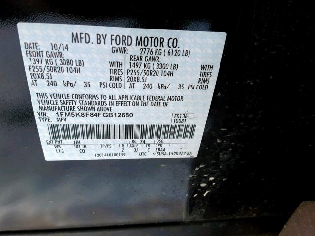 1FM5K8F84FGB12680 - 2015 FORD EXPLORER L BLACK photo 10