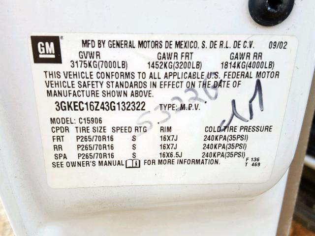 3GKEC16Z43G132322 - 2003 GMC YUKON XL C WHITE photo 10