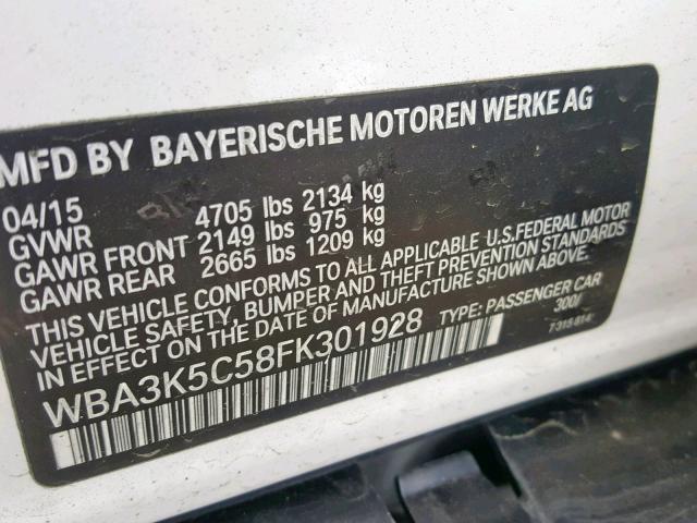 WBA3K5C58FK301928 - 2015 BMW 328 D WHITE photo 10