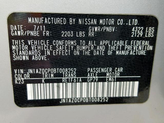 JN1AZ0CP0BT008252 - 2011 NISSAN LEAF SV SILVER photo 10