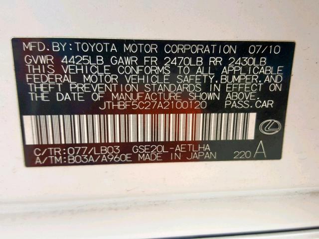 JTHBF5C27A2100120 - 2010 LEXUS IS 250 WHITE photo 10