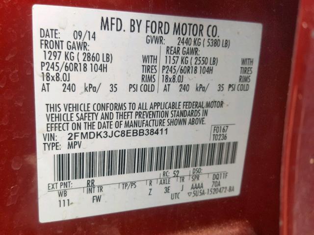 2FMDK3JC8EBB38411 - 2014 FORD EDGE SEL RED photo 10