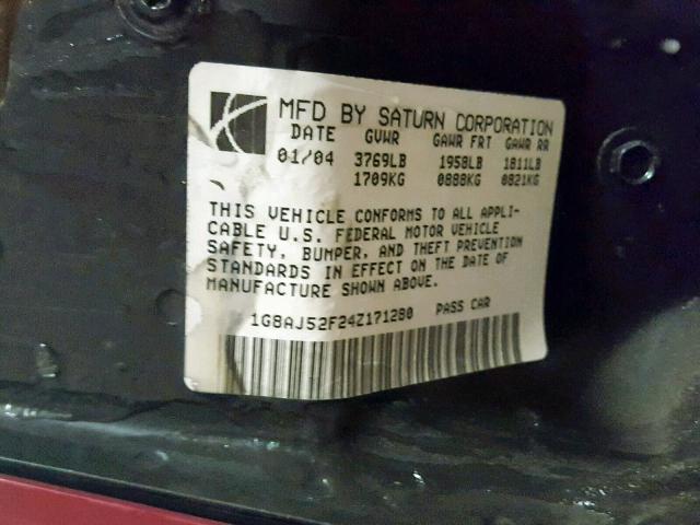 1G8AJ52F24Z171280 - 2004 SATURN ION LEVEL MAROON photo 10