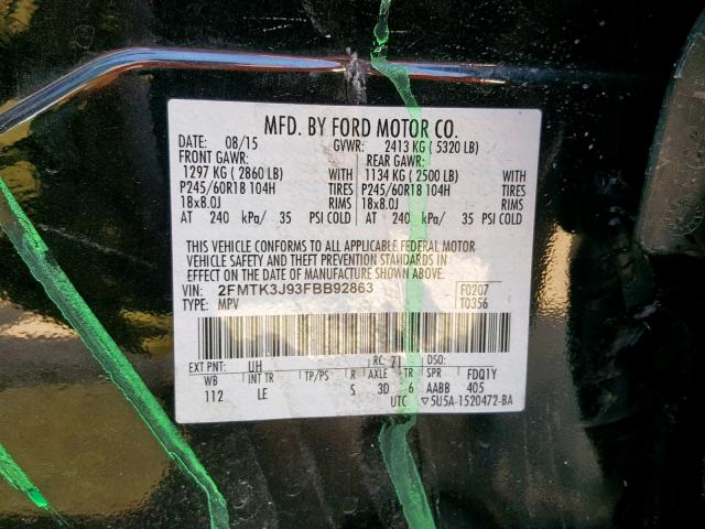 2FMTK3J93FBB92863 - 2015 FORD EDGE SEL BLACK photo 10