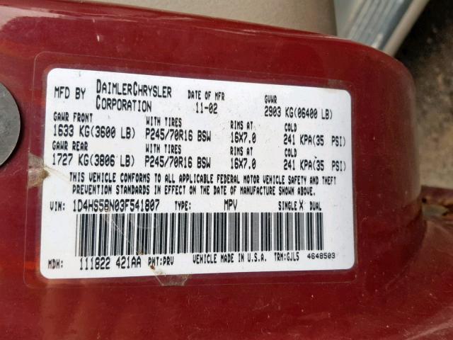 1D4HS58N03F541807 - 2003 DODGE DURANGO SL RED photo 10