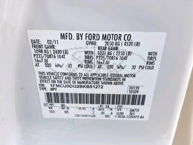 1FMCU0DG2BKB51272 - 2011 FORD ESCAPE XLT WHITE photo 10