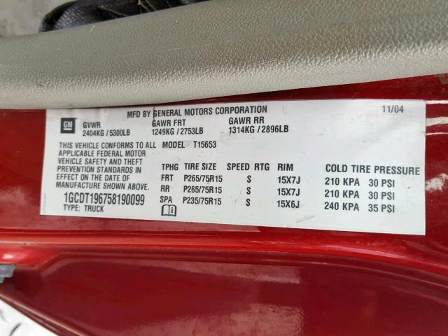 1GCDT196758190099 - 2005 CHEVROLET COLORADO RED photo 10