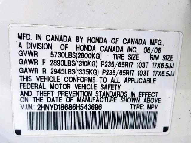 2HNYD18686H543696 - 2006 ACURA MDX TOURIN WHITE photo 10