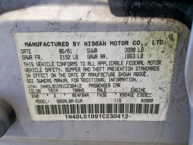 1N4DL01D91C230412 - 2001 NISSAN ALTIMA XE SILVER photo 10