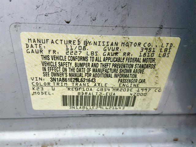 3N1AB61E29L621643 - 2009 NISSAN SENTRA 2.0 SILVER photo 10