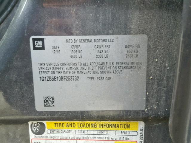 1G1ZB5E19BF253732 - 2011 CHEVROLET MALIBU LS 灰色 照片 10