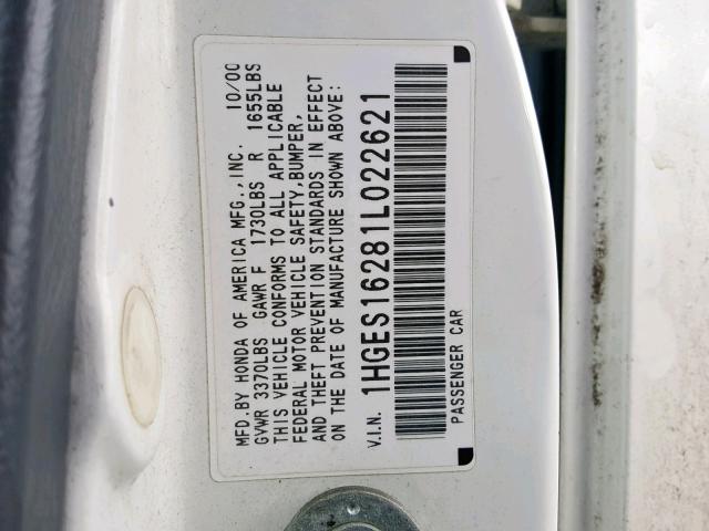 1HGES16281L022621 - 2001 HONDA CIVIC DX WHITE photo 10