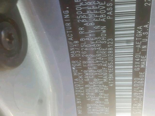 4T1BK1EB5JU288123 - 2018 TOYOTA AVALON XLE SILVER photo 10