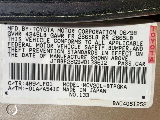 JT8BF28G9W0133612 - 1998 LEXUS ES 300 GOLD photo 10