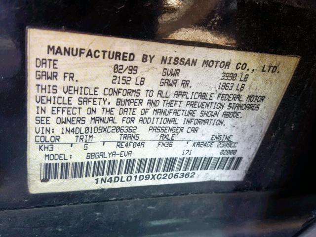 1N4DL01D9XC206362 - 1999 NISSAN ALTIMA XE BLACK photo 10