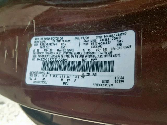 4M2ZV11T71DJ00804 - 2001 MERCURY VILLAGER MAROON photo 10