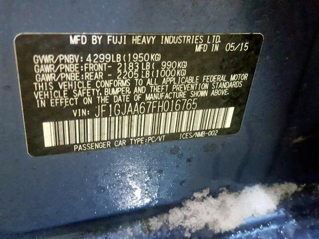 JF1GJAA67FH016765 - 2015 SUBARU IMPREZA BA BLUE photo 10