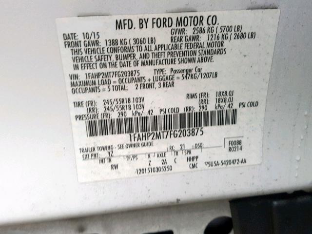 1FAHP2MT7FG203875 - 2015 FORD TAURUS POL WHITE photo 10