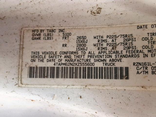 4TAPM62N2XZ555600 - 1999 TOYOTA TACOMA WHITE photo 10