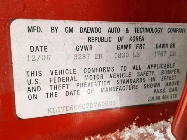 KL1TD66667B760522 - 2007 CHEVROLET AVEO BASE წითელი ფოტო 10