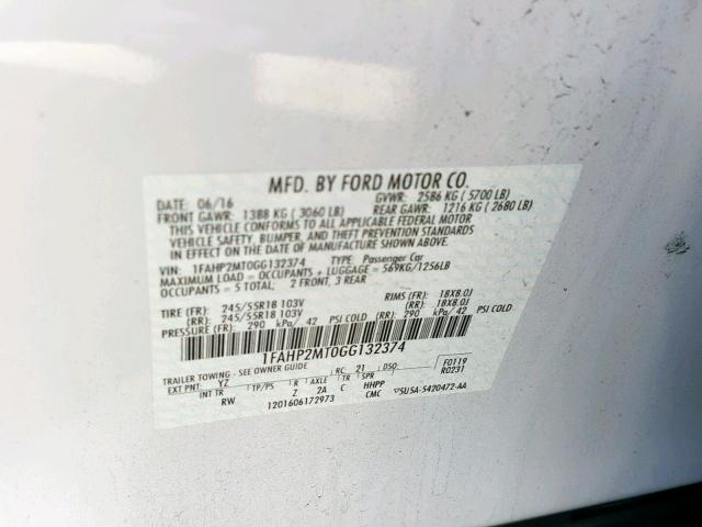 1FAHP2MT0GG132374 - 2016 FORD TAURUS POL WHITE photo 10